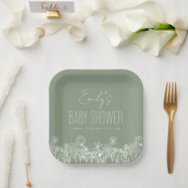 Sage Green Wildflower Boho Baby Shower In Bloom Paper Plate (Wedding)