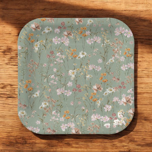 Sage Green Wildflower Boho Baby Shower In Bloom Paper Plate