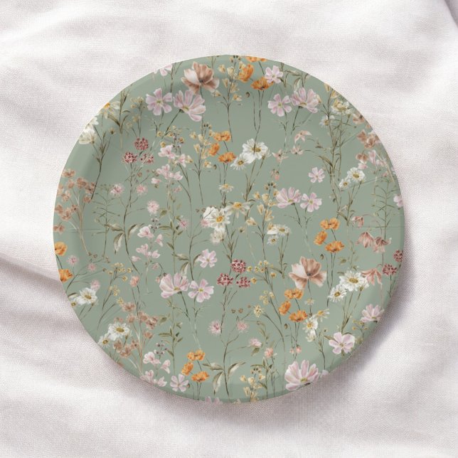 Sage Green Wildflower Boho Baby Shower In Bloom Paper Plate (Creator Uploaded)