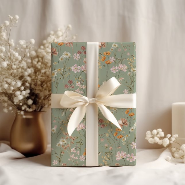 Sage Green Wildflower Boho Bloom Garden Boho Wrapping Paper (Creator Uploaded)