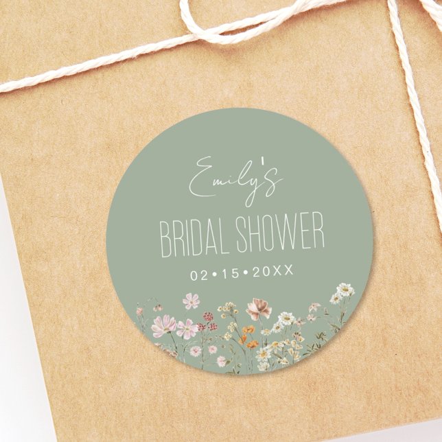 Sage Green Wildflower Boho Bridal Shower Garden Classic Round Sticker (Creator Uploaded)