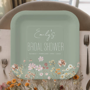 Sage Green Wildflower Boho Bridal Shower In Bloom Paper Plate
