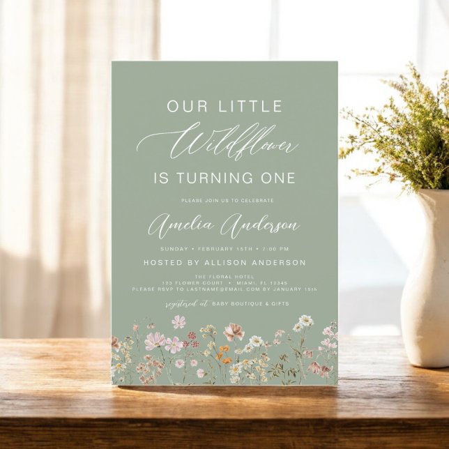 Sage Green Wildflower Boho First 1st Birthday  Invitation (Creator Uploaded)