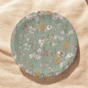 Sage Green Wildflower Boho Wedding In Bloom Garden Paper Plate