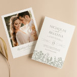 Sage Green Wildflower Boho Wedding Modern Photo Invitation<br><div class="desc">Sage Green Wildflower Boho Wedding Modern Photo Invitation. Easily personalise by replacing each info. Please upload a vertical/portrait photo. Make sure to check the preview before adding to cart. (Sample Photo by Jonathan Borba from Pexels)</div>