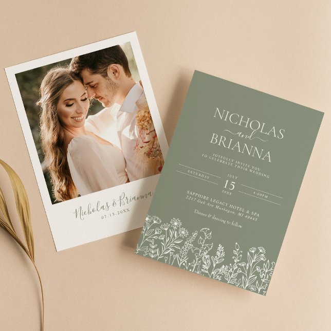 Sage Green Wildflower Boho Wedding Modern Photo Invitation (Creator Uploaded)