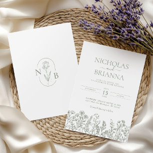Sage Green Wildflower Boho Wedding Monogram Invitation