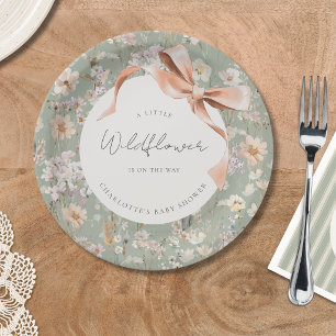 Sage Green Wildflower Bow Baby Shower Paper Plate