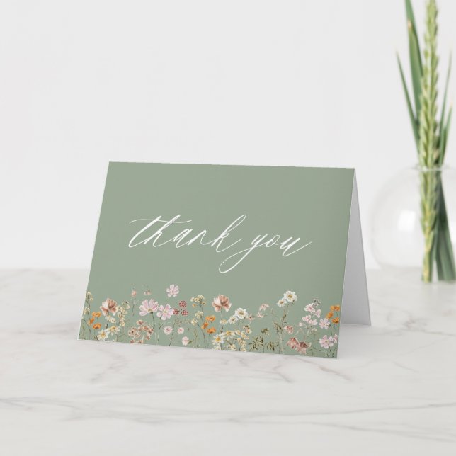 Sage Green Wildflower Bridal Shower Garden Thank You Card (Front)