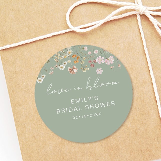 Sage Green Wildflower Bridal Shower Love In Bloom Classic Round Sticker (Creator Uploaded)