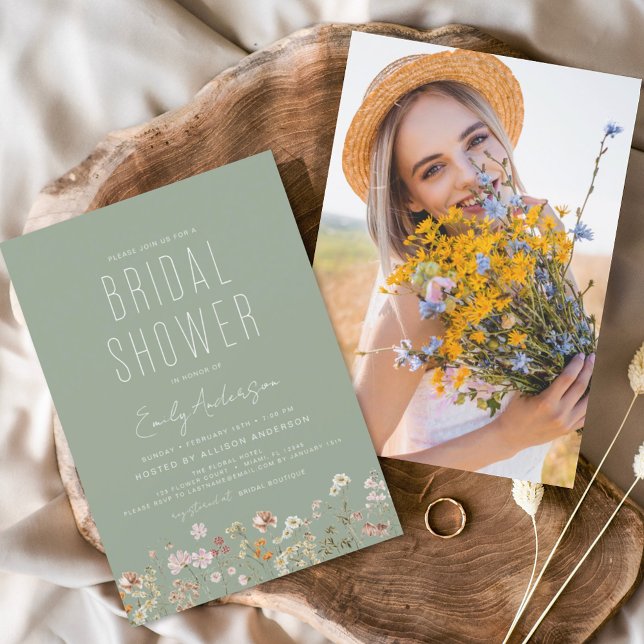 Sage Green Wildflower Bridal Shower Photo Invitation (Creator Uploaded)