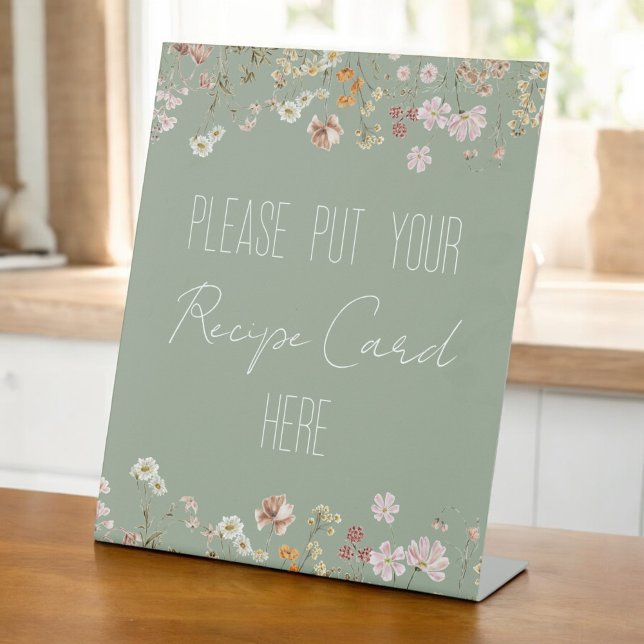 Sage Green Wildflower Bridal Shower Recipe Card Pedestal Sign (Creator Uploaded)
