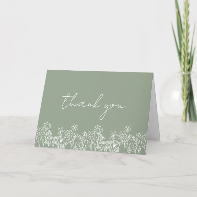 Sage Green Wildflower Bridal Shower Thank You Card (Front)