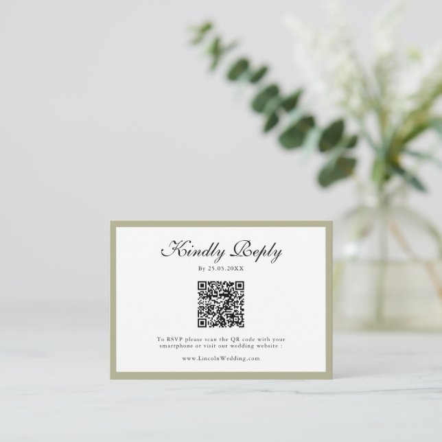 Sage Green Wildflower Crest Wedding QR Code RSVP Enclosure Card (Standing Front)