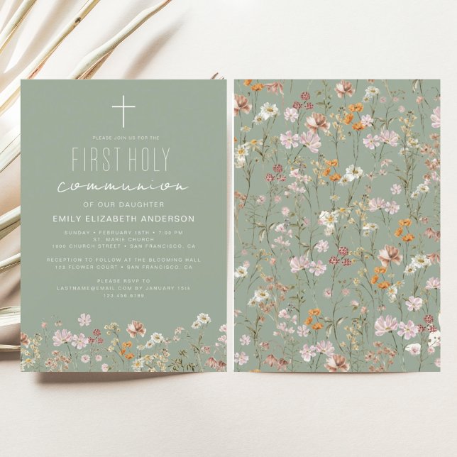 Sage Green Wildflower First Holy Communion Invitation (Creator Uploaded)