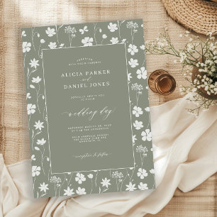 Sage green wildflower frame floral garden wedding invitation