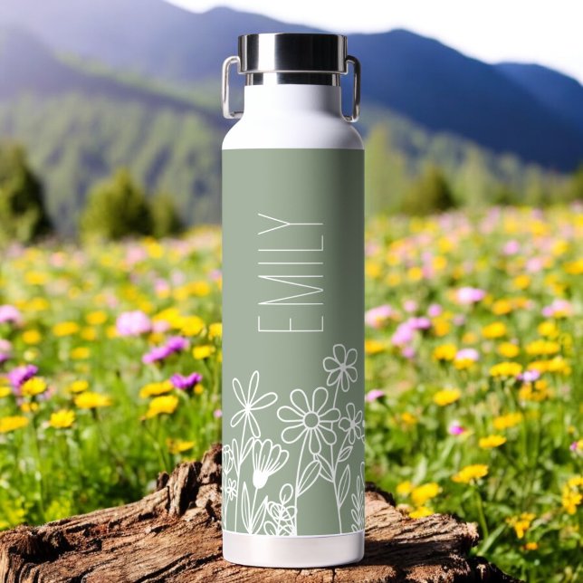 Sage Green Wildflower Garden Monogram Name Water Bottle (Creator Uploaded)