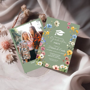 Sage Green Wildflower Garden Twin Graduation Invitation