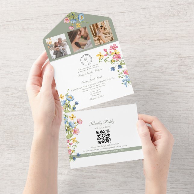 Sage Green Wildflower Garden Wedding All In One Invitation (Tearaway)