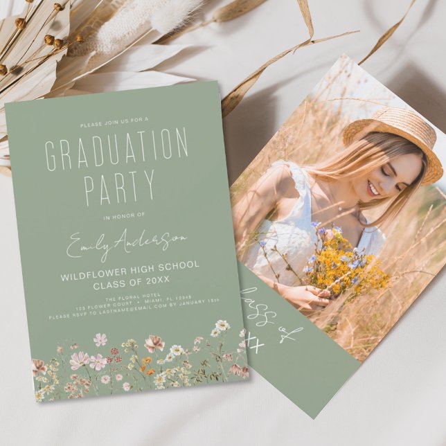 Sage Green Wildflower Graduation Party Boho Bloom Invitation (Creator Uploaded)