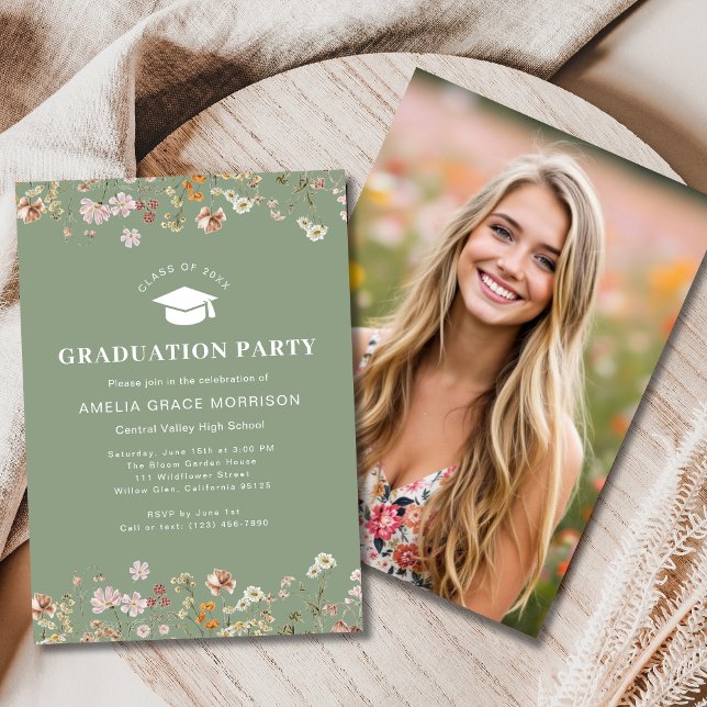 Sage Green Wildflower Graduation Party Boho Bloom Invitation (Creator Uploaded)