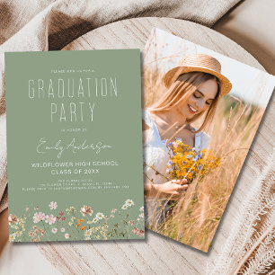 Sage Green Wildflower Graduation Party Photo Invitation