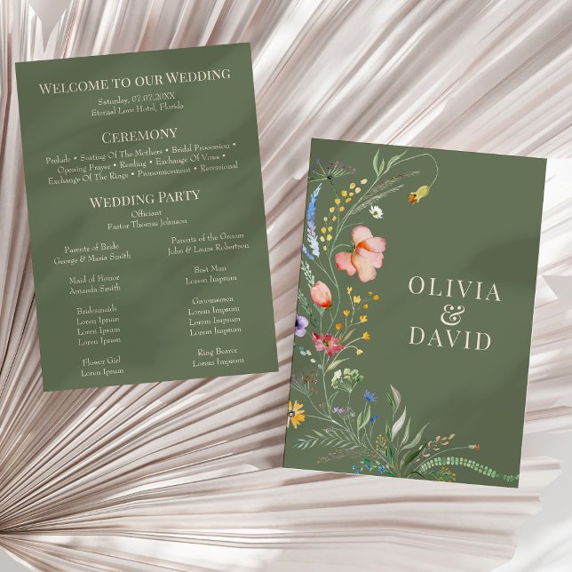 Sage Green Wildflower Meadow Wedding Program (Sage Green Wildflower Meadow Wedding Program on a sunny neutral dry palm leaf.)
