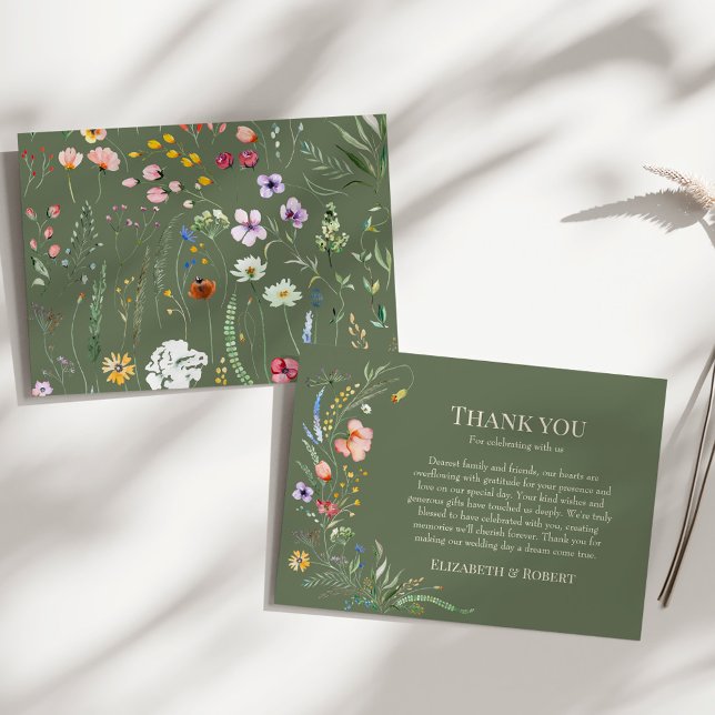 Sage Green Wildflower Meadow Wedding Thank You Card (Sage Green Wildflower Meadow Wedding Thank You Card on a sunny white table.)