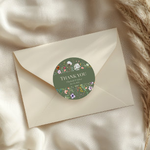 Sage Green Wildflower Meadow Wedding Thank You Classic Round Sticker