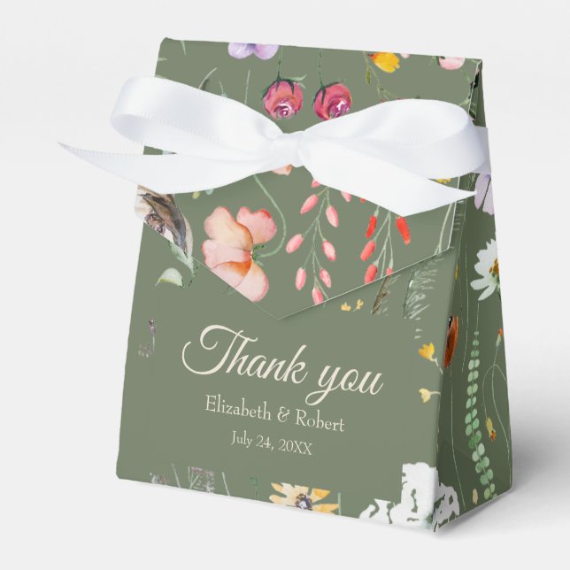 Sage Green Wildflower Meadow Wedding Thank You Favour Box (Front Side)