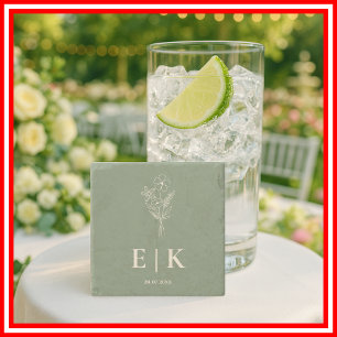 Sage Green Wildflower Monogram Wedding Stone Coaster