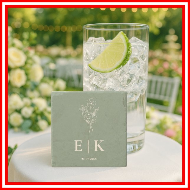 Sage Green Wildflower Monogram Wedding Stone Coaster (Creator Uploaded)