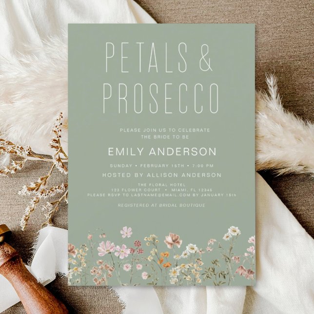 Sage Green Wildflower Petals & Prosecco Invitation (Creator Uploaded)
