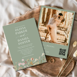 Sage Green Wildflower QR Code Photo Boho Wedding  Invitation