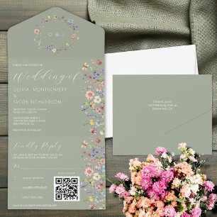 Sage Green Wildflower RSVP & QR Code Wedding  All In One Invitation