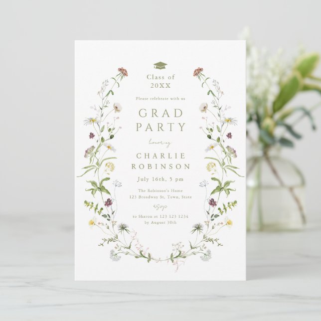 Sage Green Wildflower Rustic Boho Graduation Invitation (Standing Front)