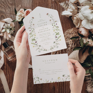 Sage Green Wildflower Rustic Boho Wedding monogram All In One Invitation