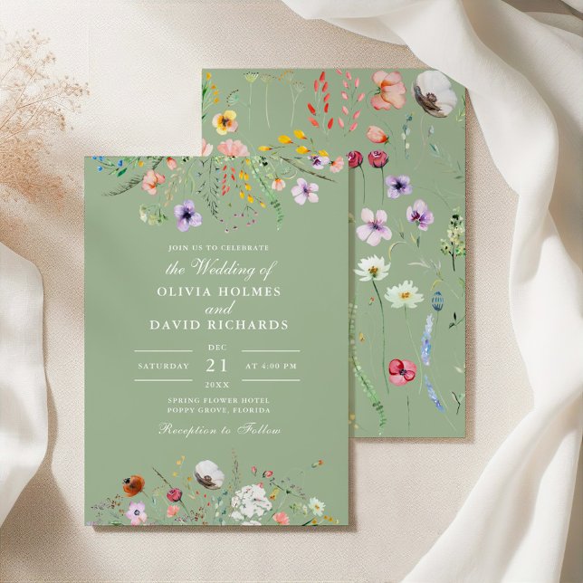 Sage Green Wildflower Wedding Invitation (Sage Green Wildflower Wedding Invitation on a silk tablecloth with botanicals)