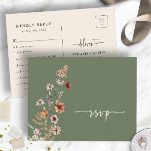 Sage Green Wildflower Wedding RSVP Postcard