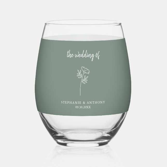 Sage Green Wildflower Wedding  Stemless Wine Glass (Front)
