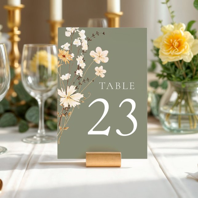 Sage Green Wildflower Wedding  Table Number (Sage Green Elegant Wildflower Table Number)