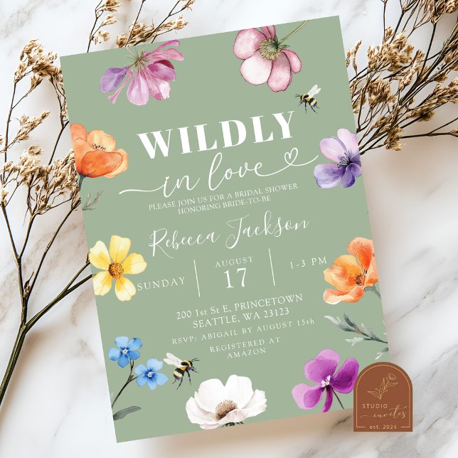 Sage Green Wildflower Wildly in Love Bridal Shower Invitation (Creator Uploaded)