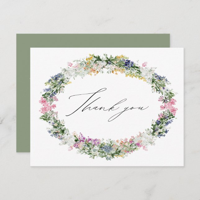 Sage Green Wildflower Wreath Wedding Bridal Shower Thank You Card (Front/Back)