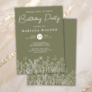 Sage Green Wildflowers Birthday Party Invitation