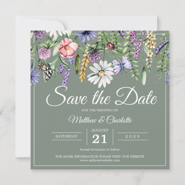 Sage Green Wildflowers Boho Save The Date (Front)