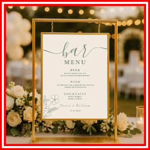 Sage Green Wildflowers Wedding Bar Menu Poster