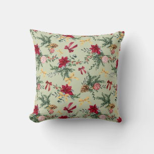 Sage Green Winter Botanical Greenery Bow Pattern Cushion