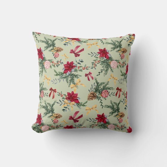 Sage Green Winter Botanical Greenery Bow Pattern Cushion (Front)