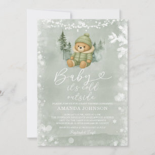 Sage Green Winter Boy Bear Baby It's Cold Outside  Invitation
