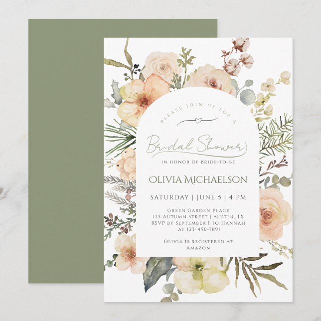 Sage Green Winter Cotton Floral Bridal Shower Invitation (Front/Back)